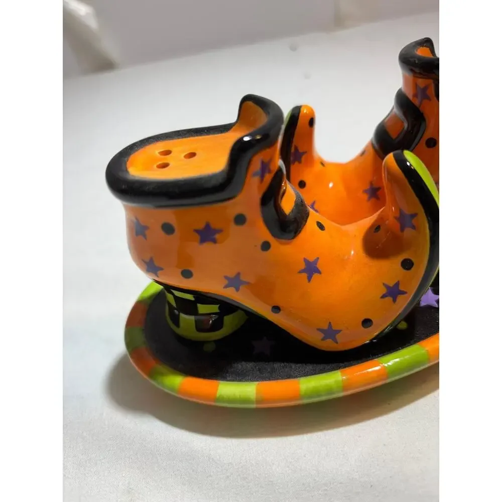 Halloween Witch Shoe Ceramic Salt and Pepper Shakers with Tray
